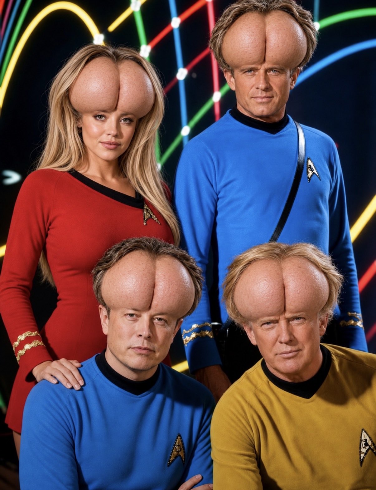 A group portrait with digitally altered rounded heads.