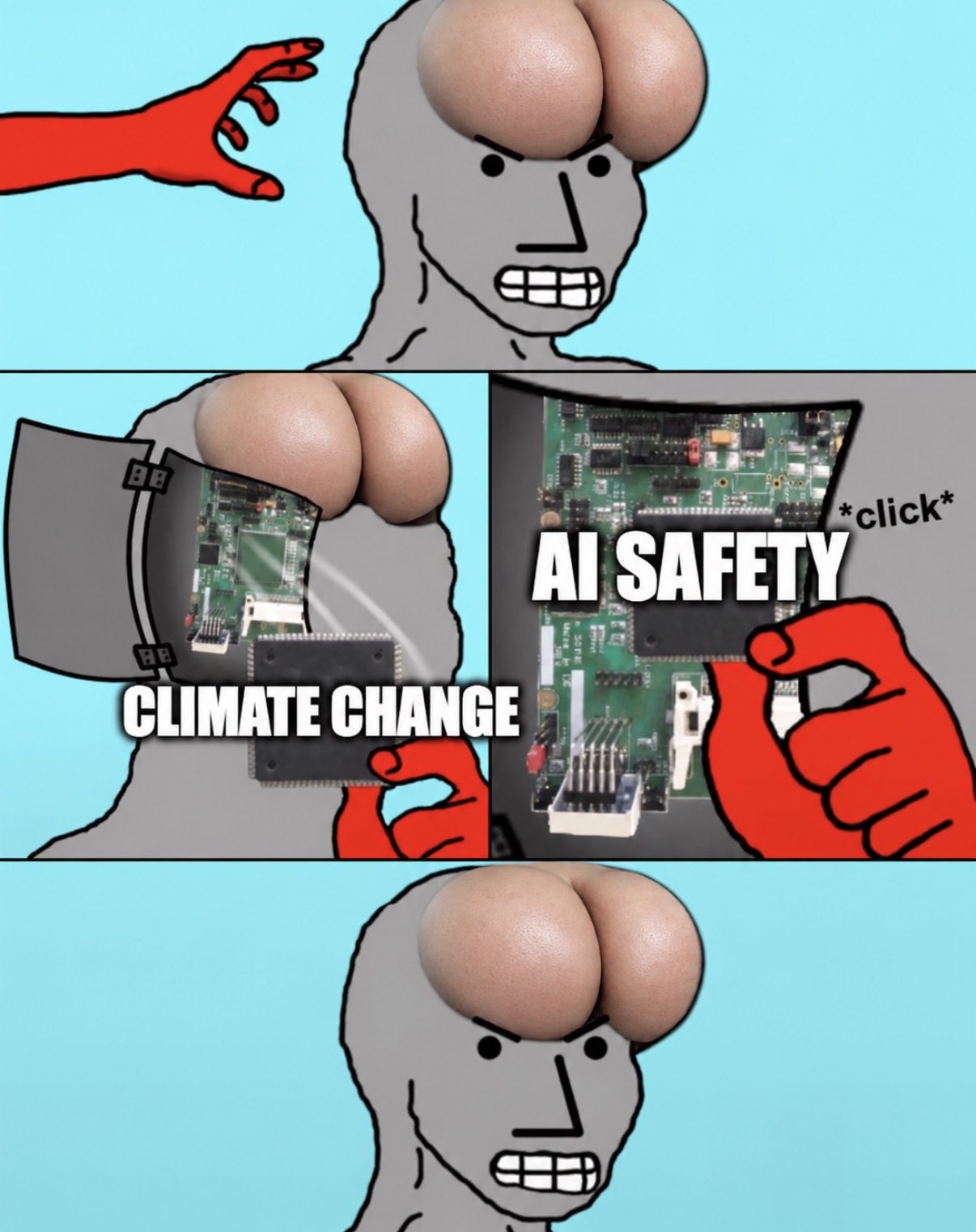 A three-panel illustrated meme with surreal rounded heads.