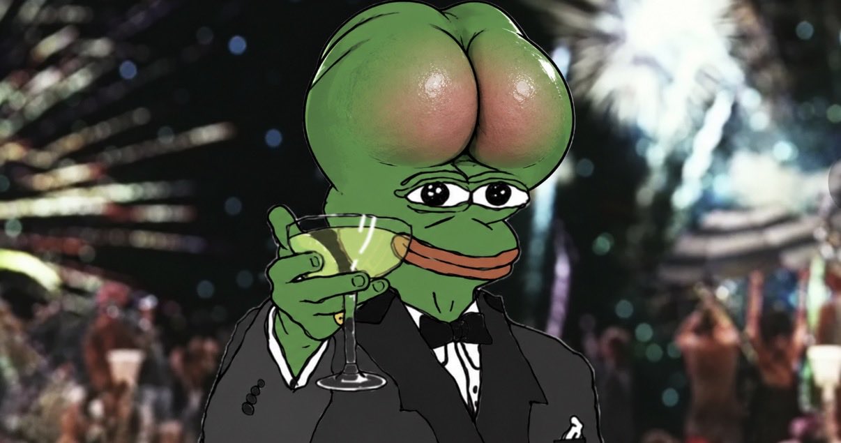 An illustrated green frog in a suit with a surreal rounded head.